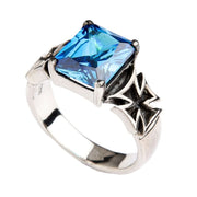 Sterling Silver Sapphire Iron Cross Ring for Biker