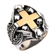 Sterling Silver Yellow Gold Cross Heart Gothic Ring